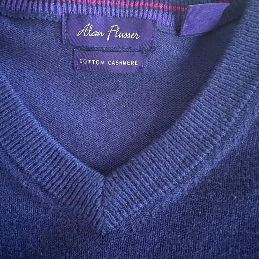 Alan Flusser Cotton Cashmere Purple Sweater V Neck Large Minimalist Preppy